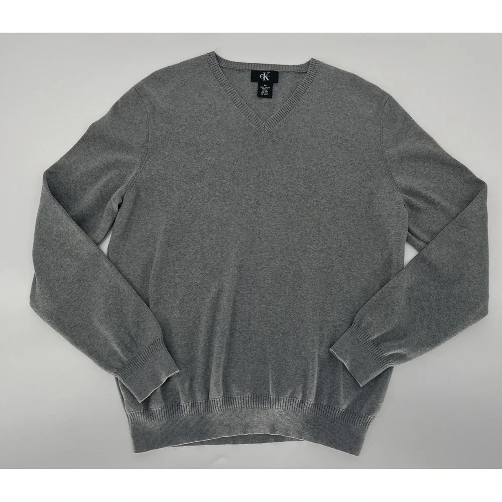 Calvin Klein Mens Sweater 100% Cotton V Neck Pullover Gray Preppy Academia‎ Sz M